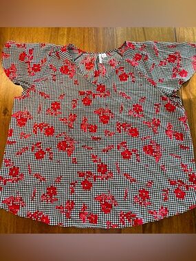 Casual Black & White Gingham Shirt with Red Floral Print